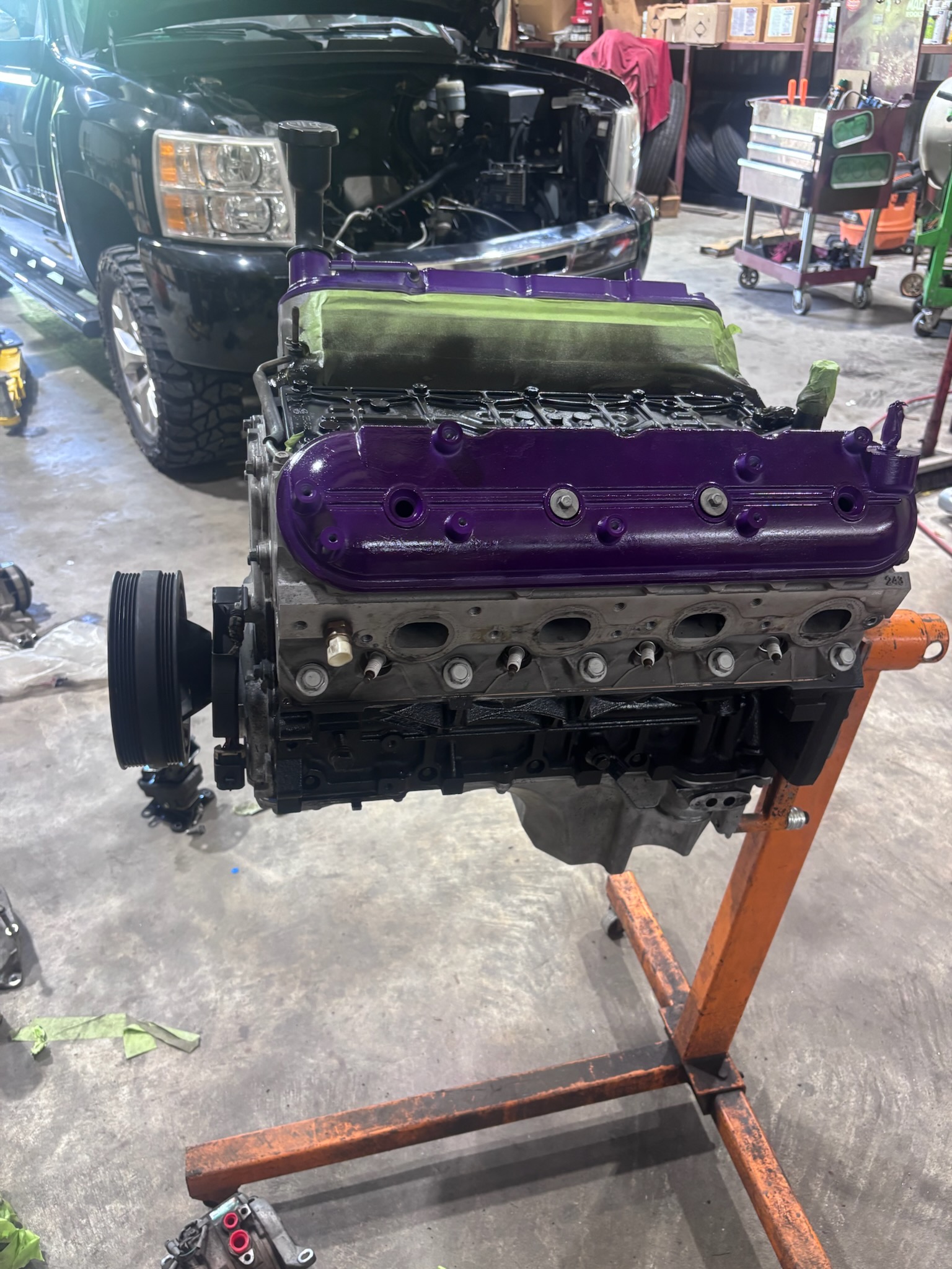 Engine on the stand with painted covers