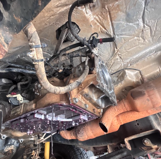 Underside of a truck with the pan off